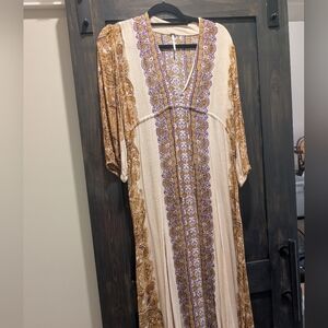 Anthropologie Cream and Brown Maxi Dress